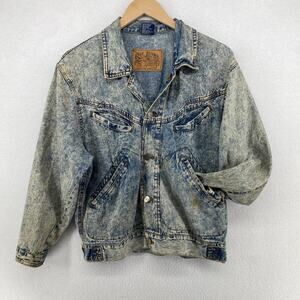 RUE JEANS Jacket Mens S Jean Trucker Button Front Acid Washed Denim Blue Vtg 80s